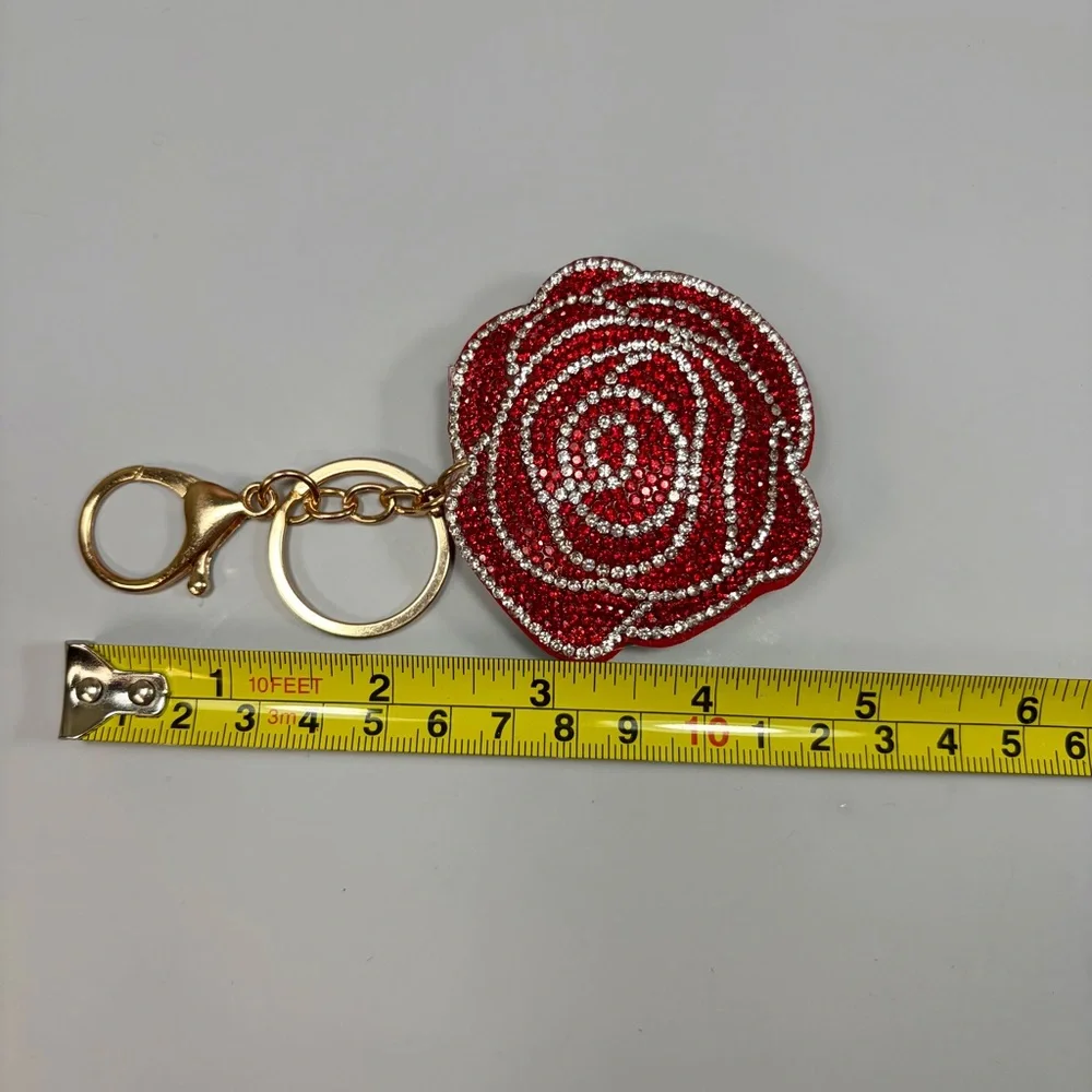Bling Red Rose Rhinestone Keychain/Bag Charm with Gold Hardware